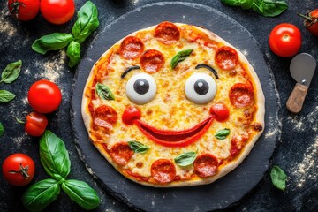 Playful Pizza Creation for Kids: A Fun Face Design, Perfectly Crafted for Tiny Taste Buds from Natural Ingredients