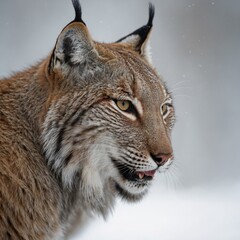 Fototapeta premium A lynx licking its paw, captured in motion with a clean white backdrop.