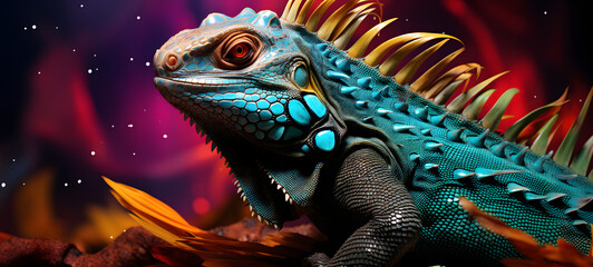 Obraz premium iguana with glittercore skin and filigree transparent metallic rainbow leaf, ai generative
