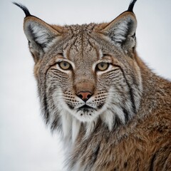 A lynx with its ears pointed upwards, its fur looking soft and fluffy against a white background.