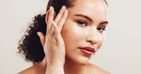 Skincare, beauty and portrait of woman in studio with natural, collagen and hydration facial...