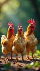 Fototapeta premium Three chickens, shades on, doing a chicken dance , feathers, farm, party