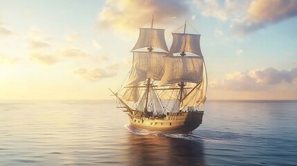 Sailing ship at sunset, ocean voyage, calm waters, golden hour light, travel adventure