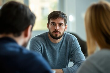 Young Man Engaging in Family Intervention Therapy Session with Psychologist