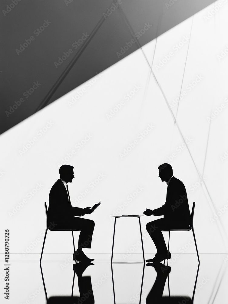 Aufkleber two silhouetted figures engaged in negotiation in a modern office setting during the afternoon. gene