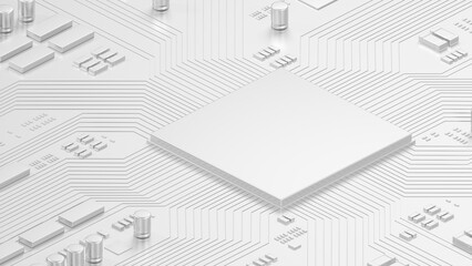 Chip on circuit board. Computer motherboard with CPU. Technology background. White color. 3d...