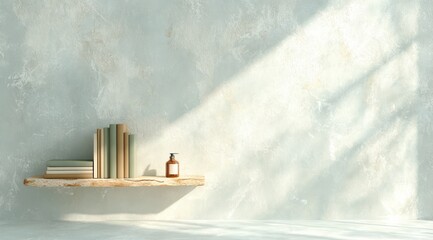 Minimalist Shelf  Books  Bottle  Neutral Tones  Rustic Wood  Sunlit Wall