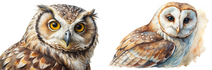 Realistic owl portraits, detailed watercolor art, nature illustration, wildlife decor, animal aesthetics.