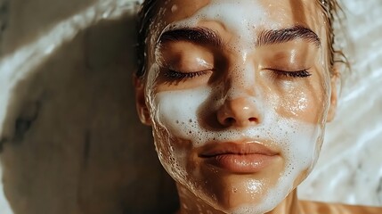 Woman applying facial foam mask, sunlight, marble background, beauty, self-care