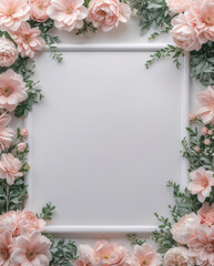Elegant pastel pink peony flowers framing a white tray for a delicate and calming display arrangement in your home decor space for Copyspace and Text Background