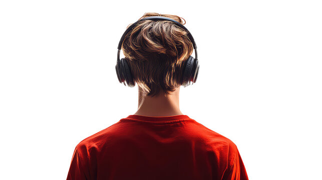 rear view of a boy in a red dress put on handsfree isolated on transparent background. 