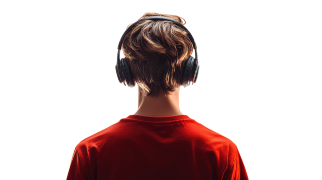 rear view of a boy in a red dress put on handsfree isolated on transparent background. - Powered by Adobe