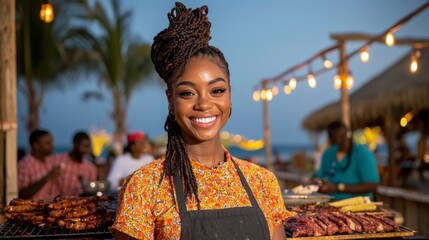 Fototapeta premium Happy Chef at Summer BBQ Grill Beach Party Food Feast