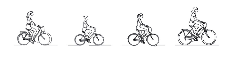 Obraz premium Set of image of Young woman riding a bicycle in a one-line drawing, isolated over on transparent white background