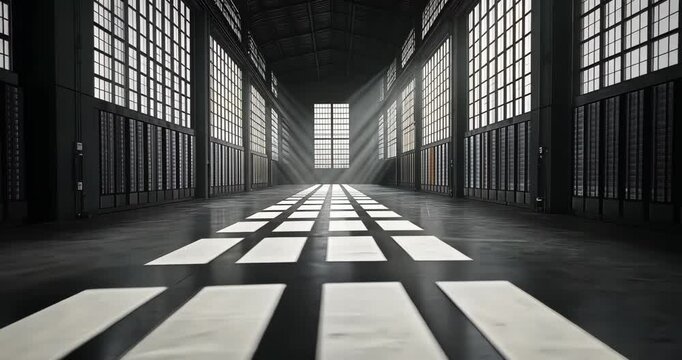 Low angle static shot: Light shining through windows in a dark industrial hallway.