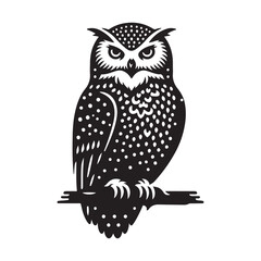 Snowy Owl bird Silhouette Vector Illustration, Solid White Background.