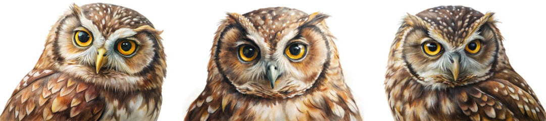 Realistic owl portraits, detailed feathers, vibrant eyes, wildlife art, nature illustration, animal close-up, artistic style.