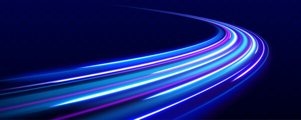 Obraz premium Long exposure, light painting photography. Vibrant streaks of neon blue and pink color against a black background. City road car light trails motion background. 