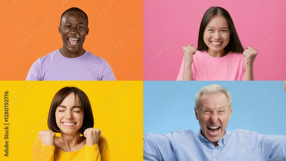 Poster this vibrant collage showcases a collection of cheerful individuals expressing happiness and victory