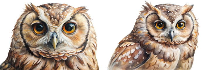 Fototapeta premium Realistic owl portraits, detailed watercolor art, vibrant colors, wildlife illustration, nature-inspired decor.