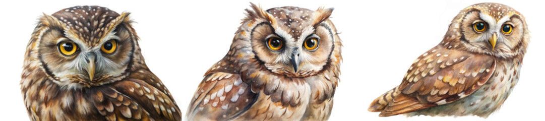 Realistic owl portraits, detailed feathers, vibrant eyes, wildlife art, nature illustration, animal lovers, educational purpose.