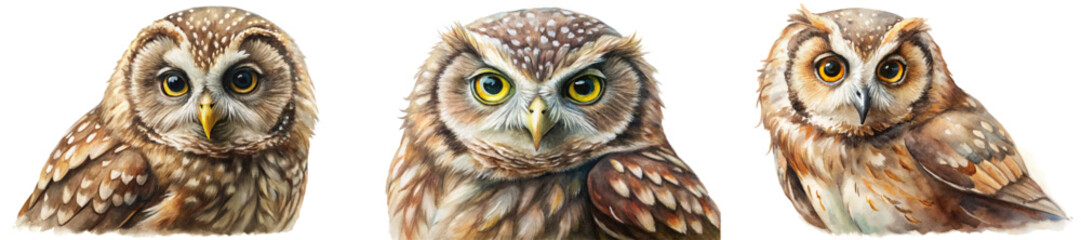 Realistic owl portraits, detailed feathers, vibrant eyes, wildlife illustration, nature art, animal lovers, educational use.