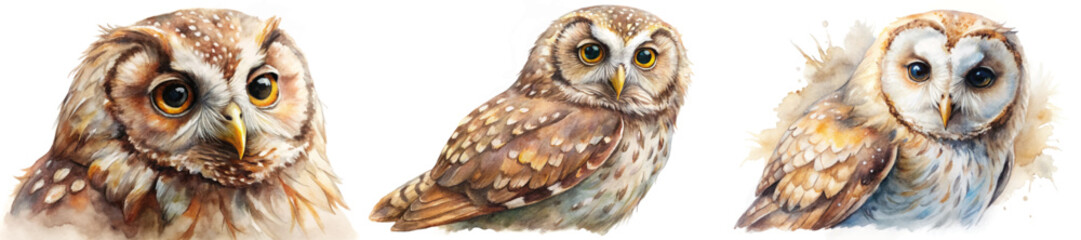 Realistic owl portraits, detailed watercolor art, nature illustration, wildlife artwork, artistic bird studies.