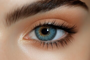 Obraz premium Closeup shot of beautiful female's eye with unusual blue and brown color, beige background, free space