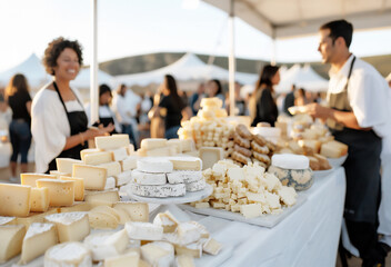 Vendors displaying their fresh cheeses at cheese festival against a backdrop of white tents and minimalist decor.