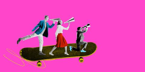 Team, colleagues balancing on skateboard while shouting through megaphones, depicting communication...