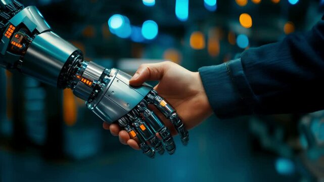 A robot hand shakes a human hand. The robot is made of metal and has a metallic appearance. Concept of technology and human interaction