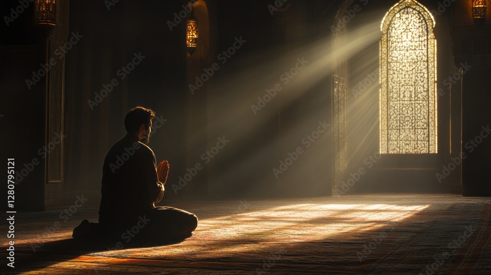 Poster Bathed in soft rays of sunlight, a man kneels in prayer on an ornate rug, facing an intricately designed window that casts ethereal patterns, evoking tranquility and devotion