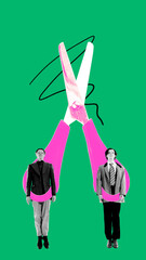 Two men dressed in suits merge into a large pink pair of scissors, symbolizing the precision and...
