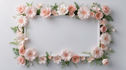 Fototapeta premium Fresh pastel pink peony flowers gently frame a white tray to enhance your home decor with a tranquil and feminine centerpiece design for Copyspace and Text Background