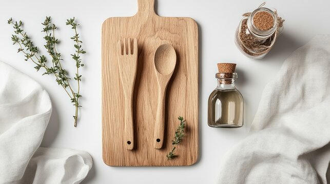 Wooden Kitchen Utensils and Herbs on White Background - Powered by Adobe