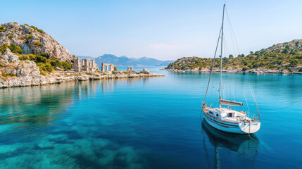Tranquil sailboat journey on a serene sea with scenic coastal views