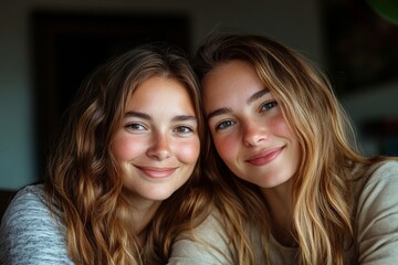 Bonding concept. Portrait of happy mom and daughter hugging and smiling at camera, enjoying time together, sitting on sofa at home