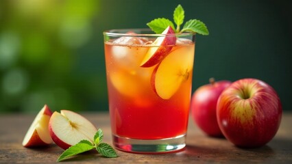 Refreshing iced apple beverage in a tall glass with ice cubes and apple slices, garnished with fresh mint leaves, alongside whole red apples on a rustic wooden surface.