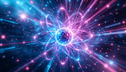 Naklejka premium Colorful Atomic Structure with Glowing Nucleus and Orbiting Electrons