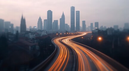 Obraz premium Modern City Nightscape Highway Light Trails Skyscrapers Urban Development