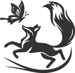 A fox leaping mid air, chasing a butterfly vector animal silhouette