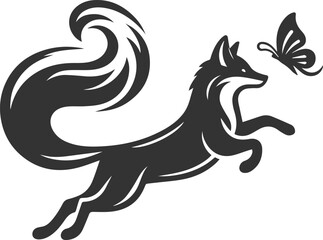 A fox leaping mid air, chasing a butterfly vector animal silhouette