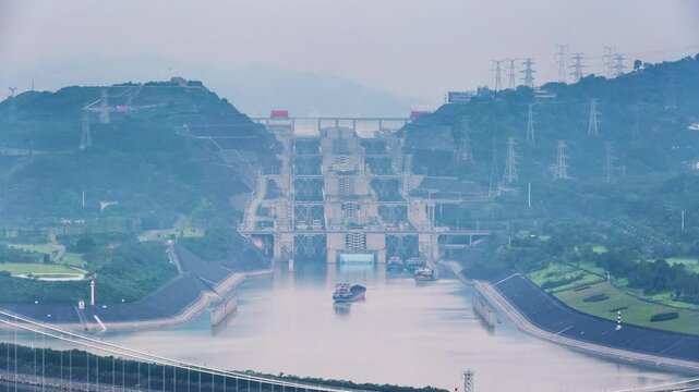 time lapse of the double line five level ship lock of the Three Gorges Dam in dawn, Yichang city, Hubei province, China