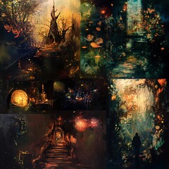 Naklejka premium Dark fantasy collage; forest, tower, magic, path, game, artwork, mystical, background, design