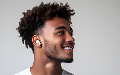 Side view of happy young man with wireless earbuds enjoying audio experience symbolizing modern communication and digital freedom