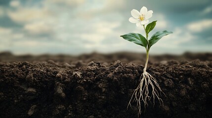 Flower seedling in the ground with roots, nature background.
