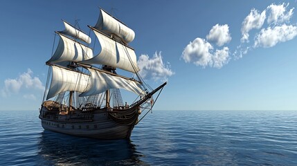 Sailing ship on calm ocean under sunny sky; travel, adventure image