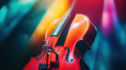 Fototapeta premium Cello on a colorful background with bokeh effect in red, yellow and blue tones