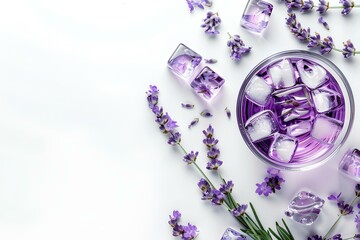 Stunning Lavender cocktail Purple drink in a glass on white background with ice  and lavender flowers 