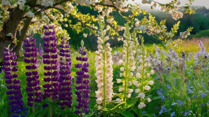 Colorful blooming lupins and wildflowers in a verdant field under a sunlit tree, with purples, whites, and blues creating a serene floral scene.